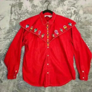 Vtg Native American Top Womens L Red Embroidered Rodeo Cowboy Ranch